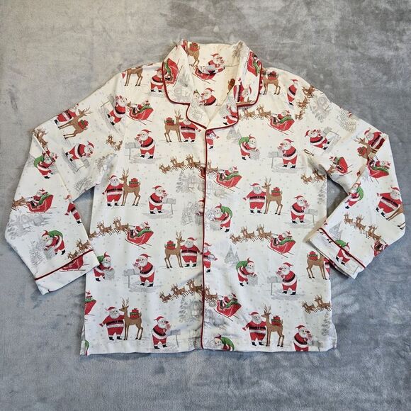 Pottery Barn Kids‎ Christmas Pajama Top Shirt Adult Medium Santa Sleigh Reindeer - Picture 1 of 9